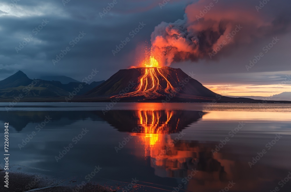 Fiery volcano reflected in calm lake