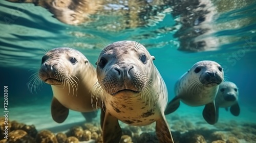 a pod of sea lions underwater © Mas