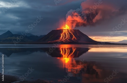 Fiery volcano reflected in calm lake