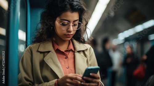 Young woman is using a smartphone in public transportation