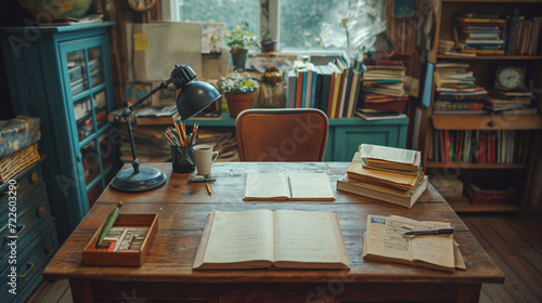 Wooden Desk With a Variety of Books
