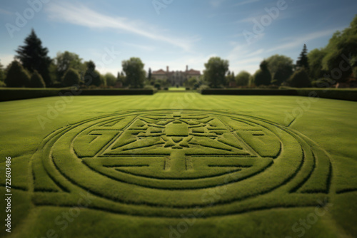 A freshly mowed lawn with symmetrical patterns  showcasing the cleanliness and precision achieved through lawn maintenance. Generative Ai.