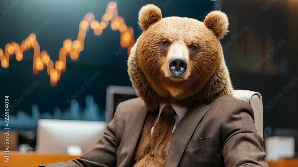 Anamorphic bear in suit sitting in trading center, depicting growth uptrend and bear market concept Anamorphic bear in suit sitting in trading center, depicting growth uptrend and bear market concept