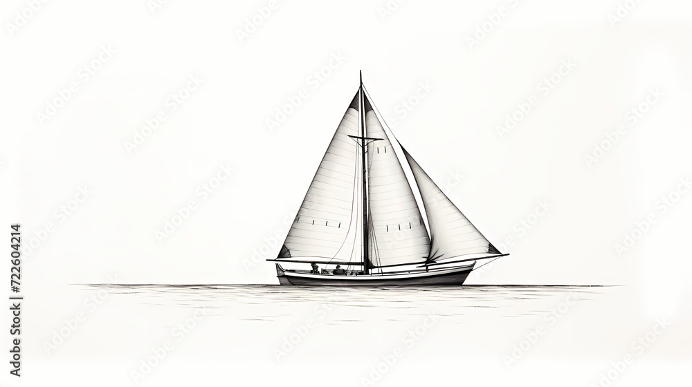 Minimalist black and white line drawing of a sailboat at sea, capturing the essence of nautical simplicity and elegance