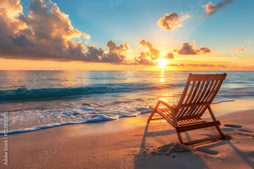 Sunrise Empty Beach Lounger Overlooking the Turquoise Sea © Castle Studio