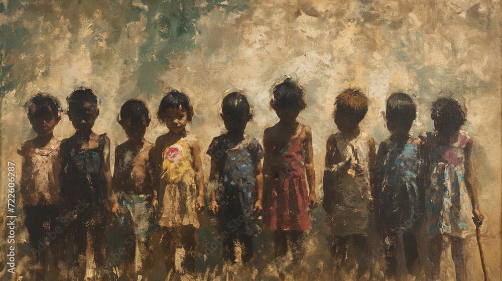 Naklejka premium Painting of a Group of Children Standing Together in a Classroom