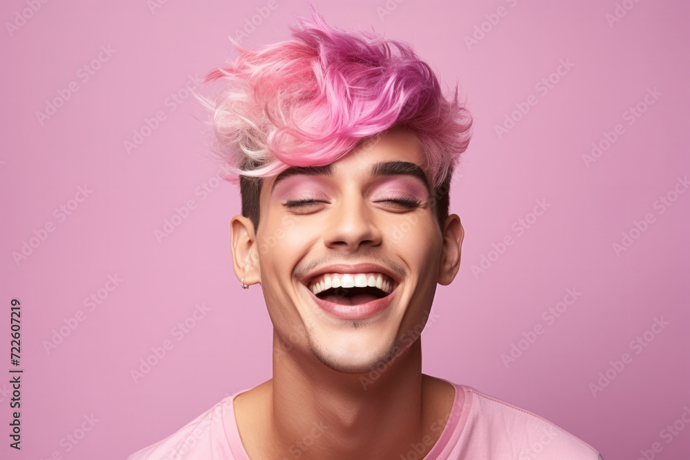 A joyful individual with pink dyed hair smiles widely against a soft pink background, exuding happiness and showing off unique personal style. A joyful individual with pink dyed hair smiles widely against a soft pink background, exuding happiness and showing off unique personal style.