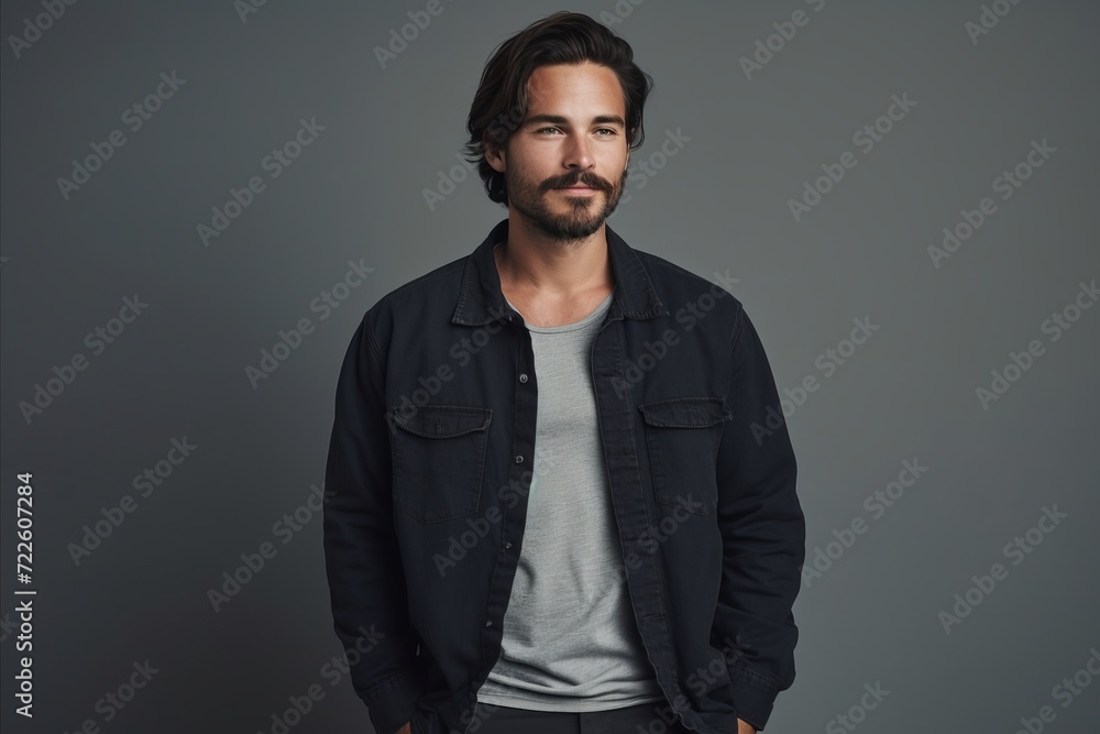Handsome young man in casual clothes looking at camera while standing against grey background Handsome young man in casual clothes looking at camera while standing against grey background