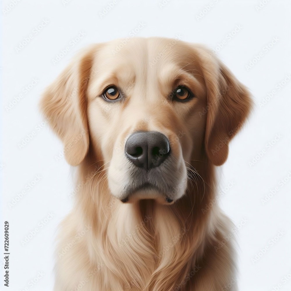 Labrador dog looking forward with neutral face on white background