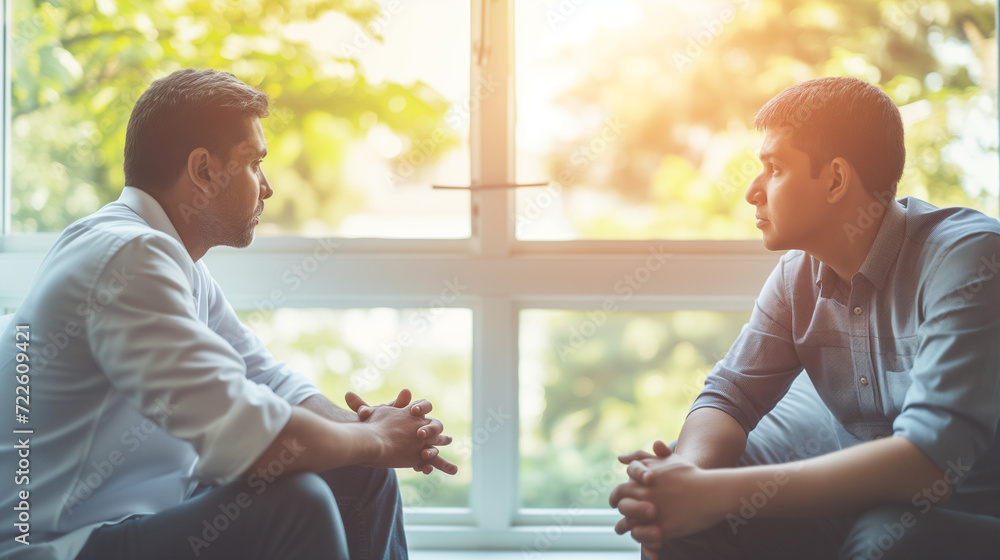 Two Men Sitting Next to Each Other in Front of a Window Stock Photo ...