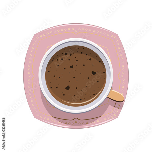 Różowa filiżanka ze złotymi elementami. Kawa z pianką w pięknej filiżance. Widok z góry typu flat lay. Ilustracja wektorowa.