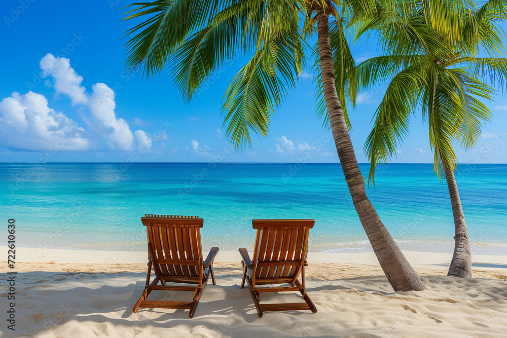 Chairs In Tropical Beach With Palm Trees On Coral Island. Vacation Banner. Relaxing under a palm tree on remote beach