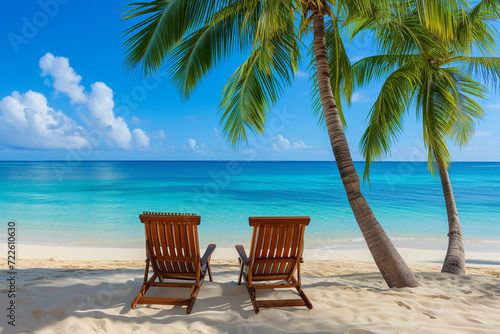 Chairs In Tropical Beach With Palm Trees On Coral Island. Vacation Banner. Relaxing under a palm tree on remote beach © evgenia_lo