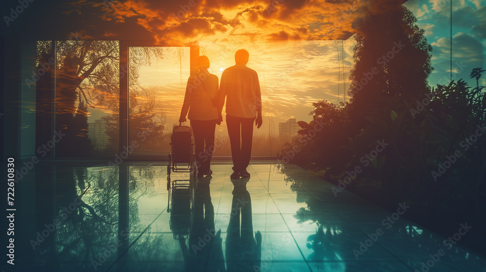 Man and Woman Walking Towards a Sunset on the Beach