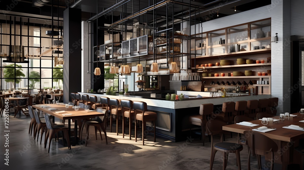 Modern urban bistro with sleek decor, pendant lighting, and an open kitchen concept