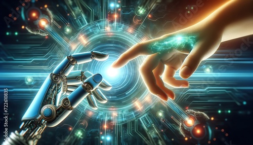 AI shapes the future as a smart robot hand meets human, Artificial Intelligence drives technology, highlighting human-AI connection, AI’s intelligence in every interaction.