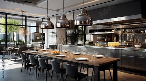 Modern urban bistro with sleek decor, pendant lighting, and an open kitchen concept © CREATER CENTER