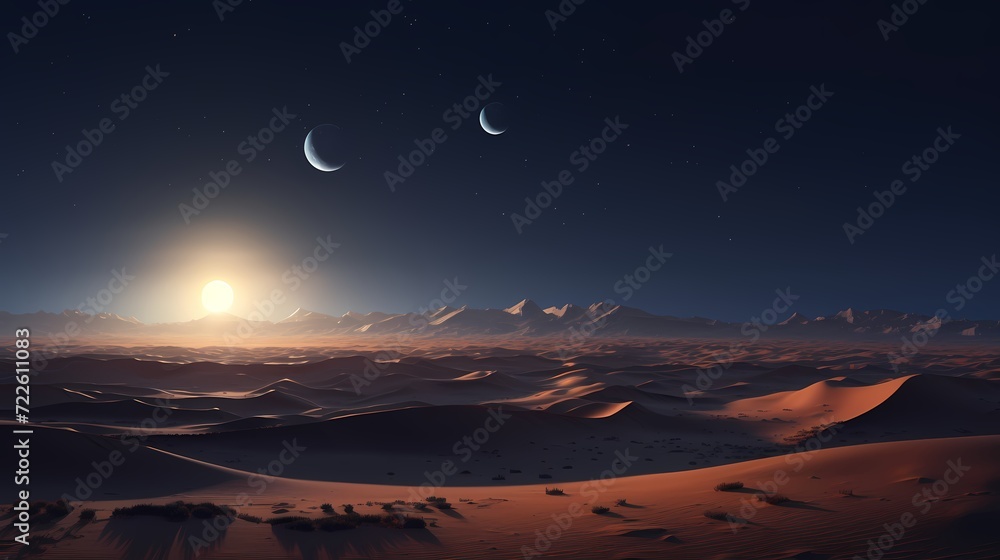 Moonlit desert landscape, with the ethereal glow of the moon casting shadows on the undulating sand dunes