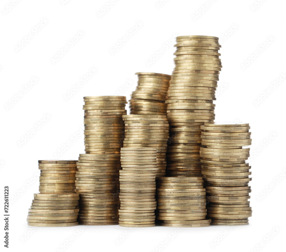 Many golden coins stacked on white background Many golden coins stacked on white background