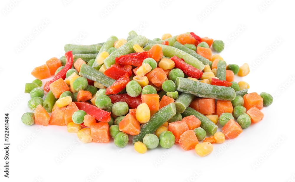 Mix of different frozen vegetables isolated on white Mix of different frozen vegetables isolated on white