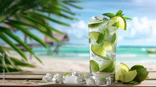 Refreshing mojito cocktail in tropical setting with blurred beach background and copy space for text