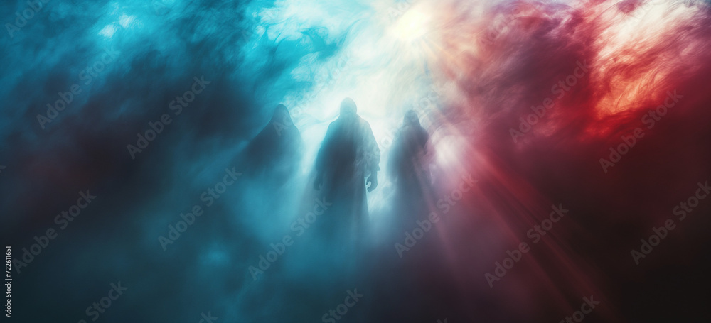 Surreal figures in mist with dynamic colors, perfect for creative event posters or abstract art discussions on social media