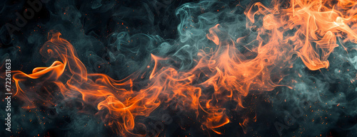 a black background features flames and smoke