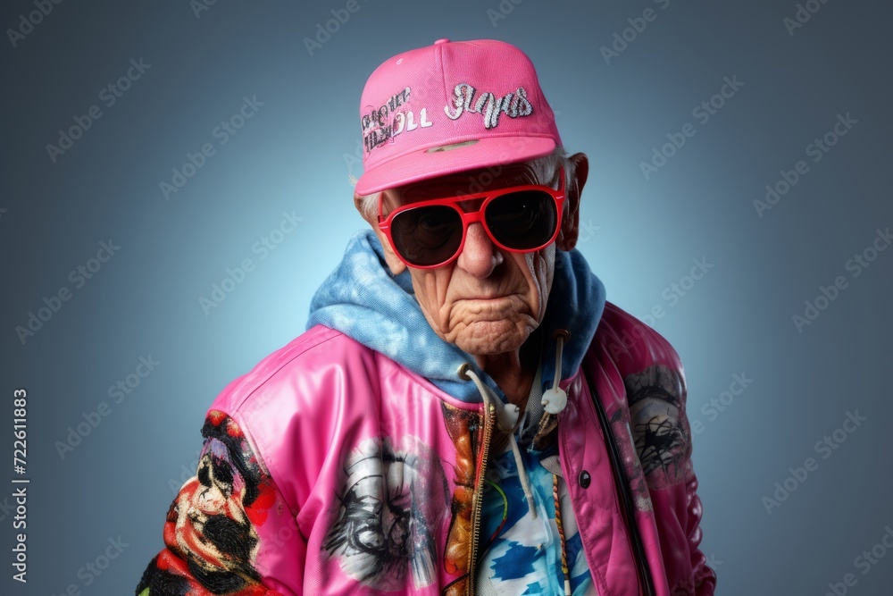 Portrait of an old man in a pink jacket and sunglasses. Portrait of an old man in a pink jacket and sunglasses.