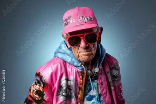 Portrait of an old man in a pink jacket and sunglasses.
