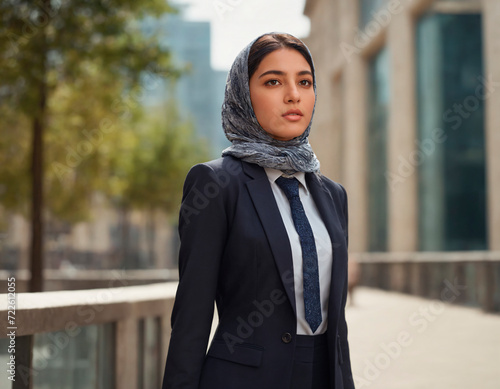 Arab woman businesswoman Wearing a Black Suit and hijab. A young professional muslim woman wearing a tailored black suit stands confidently. © Anton Dios