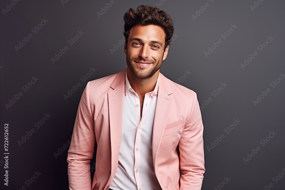 Portrait of a handsome young man in a pink suit. Men's beauty, fashion. Portrait of a handsome young man in a pink suit. Men's beauty, fashion.