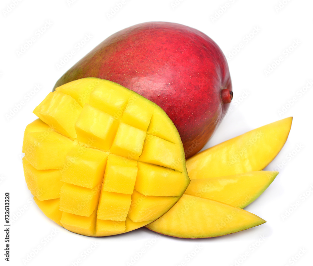 Mango fruit red whole and slices of cubes isolated on white background Mango fruit red whole and slices of cubes isolated on white background