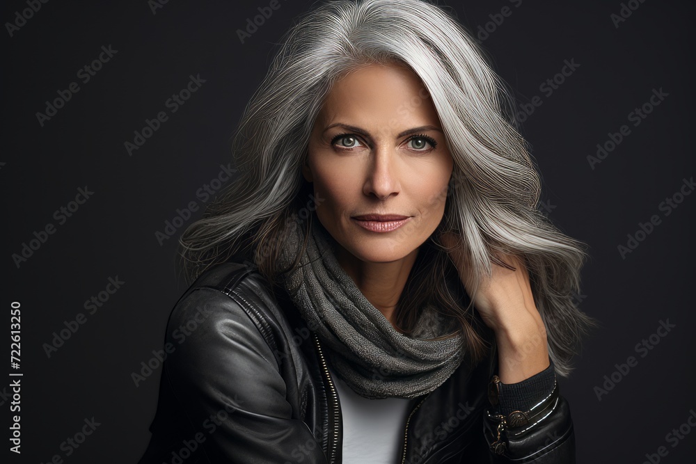 Portrait of a beautiful woman with gray hair in a leather jacket.