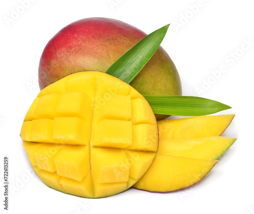 Collection mango whole, cubes and sliced with leaves isolated on white background