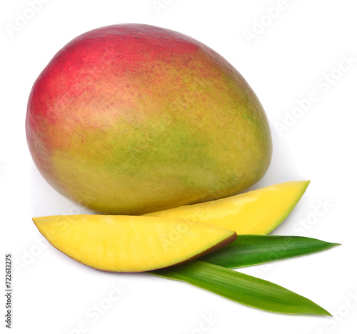 Mango fruit whole and slice with leaf isolated on a white background
