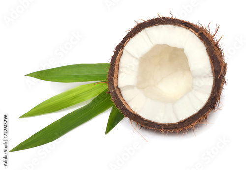 Coconuts half with leaf isolated on white background. Tropical fruit