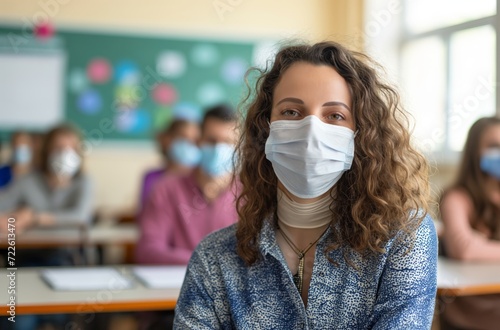 Teacher with mask in classroom