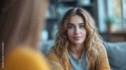 Two Women Engaging in Conversation on a Living Room Couch