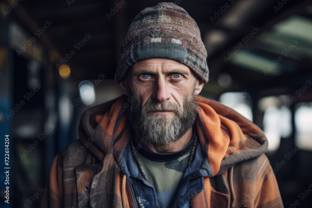 Portrait of a homeless man with a long gray beard and a gray beard in a plaid shirt on the background of a bus station Portrait of a homeless man with a long gray beard and a gray beard in a plaid shirt on the background of a bus station