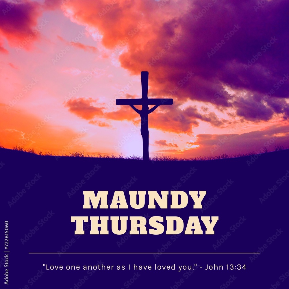 Fototapeta premium Composition of maundy thursday text over cross and sky with sun and clouds