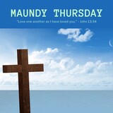 Composition of maundy thursday text over cross, sea and sky with clouds