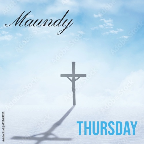 Composition of maundy thursday text over cross and sky with clouds
