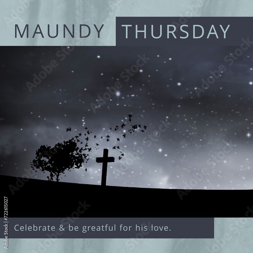 Composition of maundy thursday text over cross and sky with stars