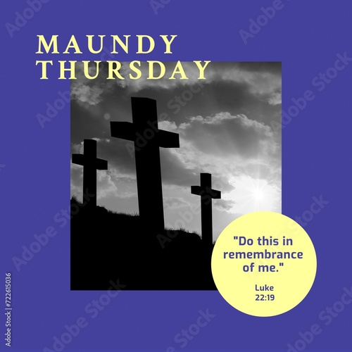 Composition of maundy thursday text over crosses and sky with clouds