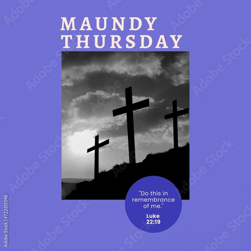 Composition of maundy thursday text over crosses and sky with clouds
