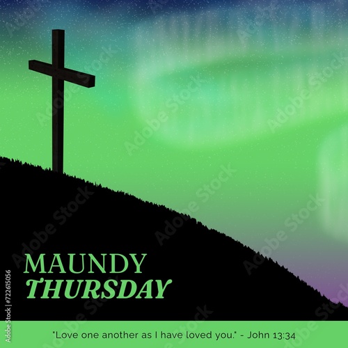 Composition of maundy thursday text over cross and sky with northern lights