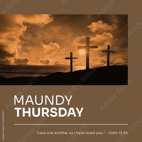 Composition of maundy thursday text over crosses and sky with sun and clouds