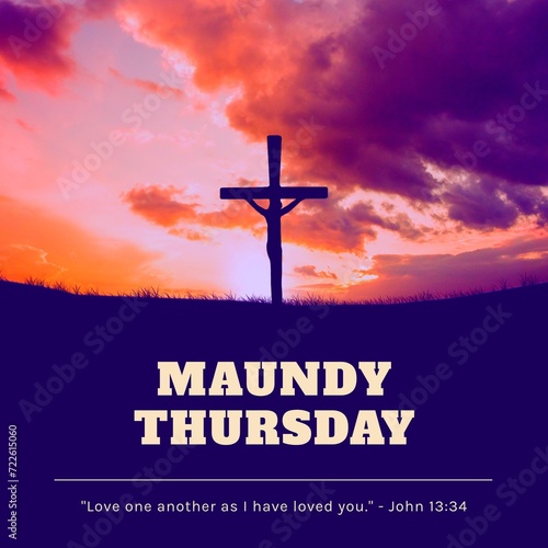 Composition of maundy thursday text over cross and sky with sun and clouds