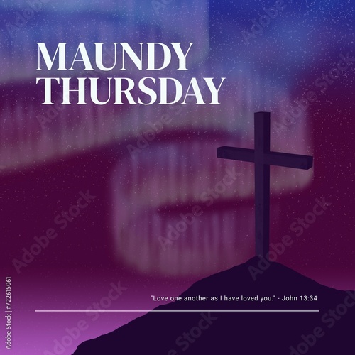 Composition of maundy thursday text over cross and sky with northern lights