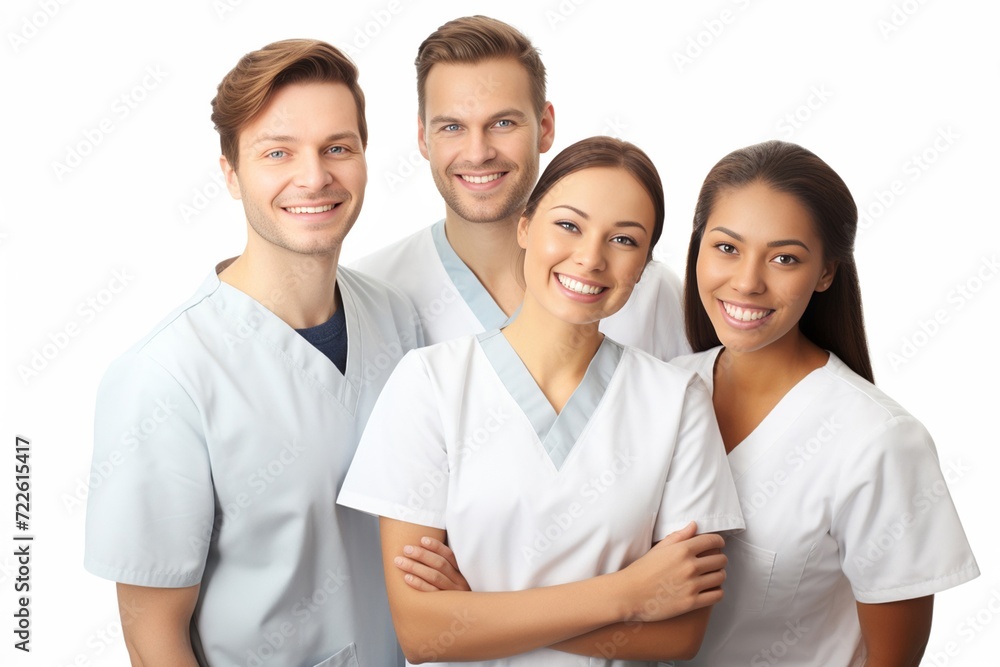Group of dentist smiling while standing in dental clinic. Portrait of confident young dentist working. Generative AI. Group of dentist smiling while standing in dental clinic. Portrait of confident young dentist working. Generative AI.